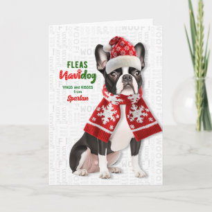 Boston Terrier Hund Lustige Flöhe Navidog mit Name Feiertagskarte