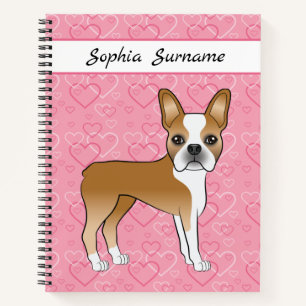 Boston Terrier Hund mit Rehfarbe auf rosa Herzen u Notizbuch