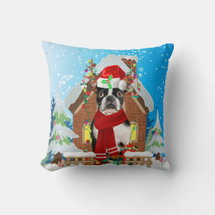 Boston Terrier Hund mit Weihnachtsgeschenken Kissen