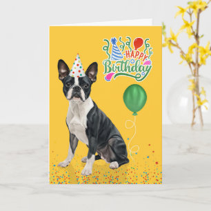 Boston Terrier Hund Partyhut Gelb Geburtstag Karte