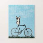 Boston Terrier Hund sitzt auf Vintagem Fahrrad Puzzle<br><div class="desc">Ein süßes Puzzle Featuring an Boston Terrier Sitting on old-fashioned bicycle on a blue summer day.</div>