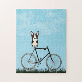 Boston Terrier Hund sitzt auf Vintagem Fahrrad Puzzle