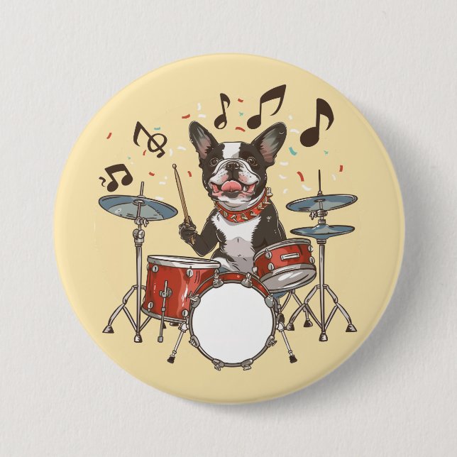 Boston Terrier Hund spielt Schlagzeug Button (Vorderseite)