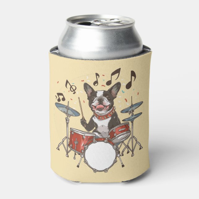 Boston Terrier Hund spielt Schlagzeug Dosenkühler (Kanne Vorderseite)