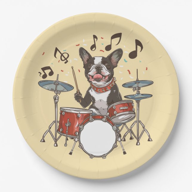 Boston Terrier Hund spielt Schlagzeug Pappteller (Vorderseite)
