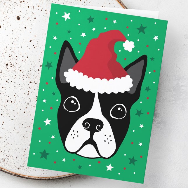 Boston Terrier Hund trägt Weihnachten in Weihnacht Karte (Boston terrier dog wearing Santa hat Christmas Card)