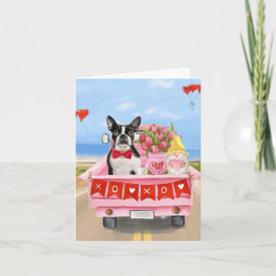 Boston Terrier Hund Valentinstag Lastwagen Herzen Karte