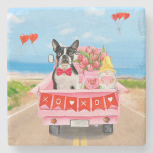 Boston Terrier Hund Valentinstag Lastwagen Herzen Steinuntersetzer