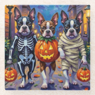 Boston Terrier Hunde beim Trick-or-Treaten an Hall Glasuntersetzer