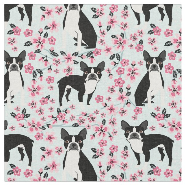 Boston Terrier Hunde Kirschen Blüten hellblau Stoff (Nahaufnahme)