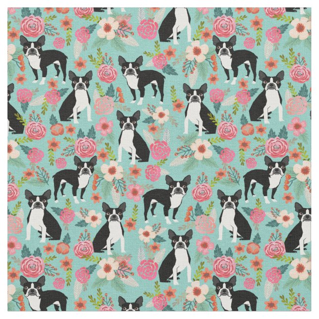 Boston Terrier Hunde Vintage Blumen Stoff (Nahaufnahme)