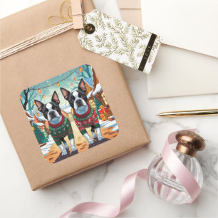 Boston Terrier Hunde Weihnachten Schnee Feiertag Quadratischer Aufkleber