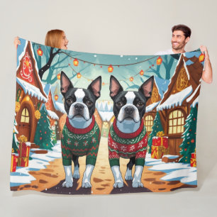 Boston Terrier Hunde Weihnachten Schnee Urlaub Fleecedecke