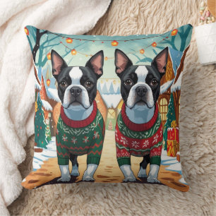 Boston Terrier Hunde Weihnachten Schnee Urlaub Kissen