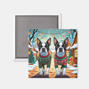 Boston Terrier Hunde Weihnachten Schnee Urlaub Magnet