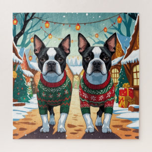 Boston Terrier Hunde Weihnachten Schnee Urlaub Puzzle