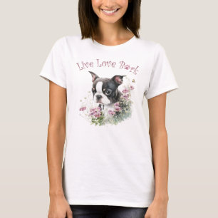 Boston Terrier Hundefrau Blumen T-Shirt