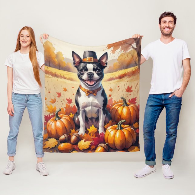 Boston Terrier im Herbst hinterlässt Erntedank Art Fleecedecke (Beispiel)