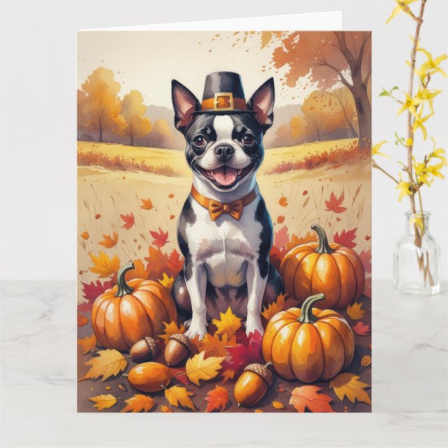 Boston Terrier im Herbst hinterlässt Erntedank Art Karte (Gelbe Blume)