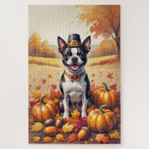 Boston Terrier im Herbst hinterlässt Erntedank Art Puzzle