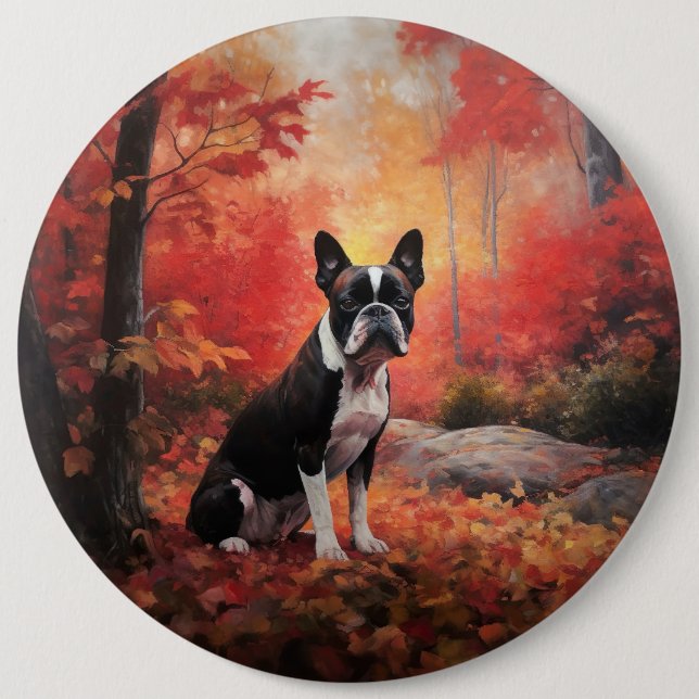 Boston Terrier im Herbst Leaves Fall Inspiriert Button (Vorderseite)