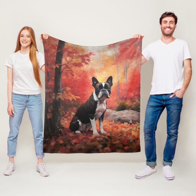 Boston Terrier im Herbst Leaves Fall Inspiriert Fleecedecke (Beispiel)