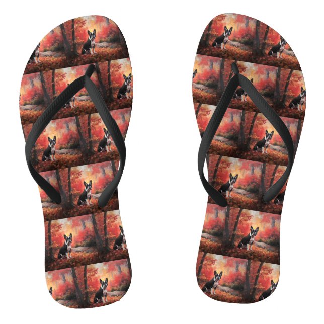 Boston Terrier im Herbst Leaves Fall Inspiriert Flip Flops (Fußbett)