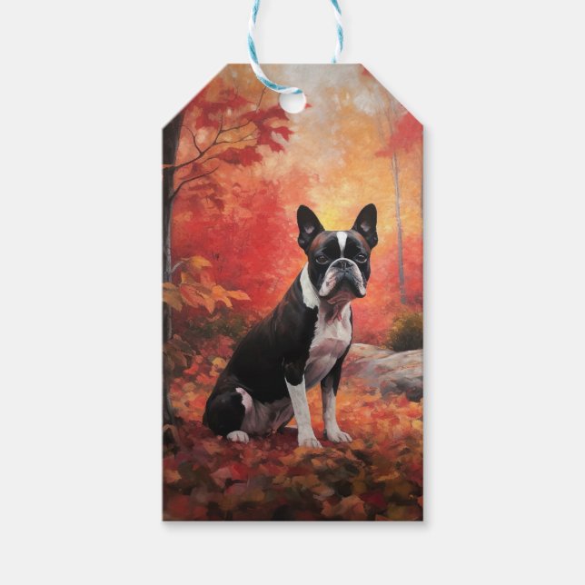 Boston Terrier im Herbst Leaves Fall Inspiriert Geschenkanhänger (Vorderseite)