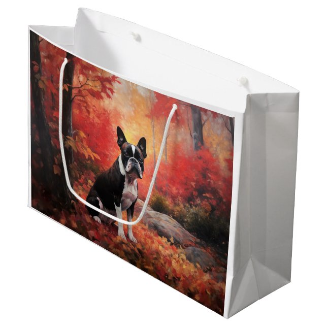 Boston Terrier im Herbst Leaves Fall Inspiriert Große Geschenktüte (Vorderseite Schrägansicht)