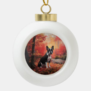 Boston Terrier im Herbst Leaves Fall Inspiriert Keramik Kugel-Ornament