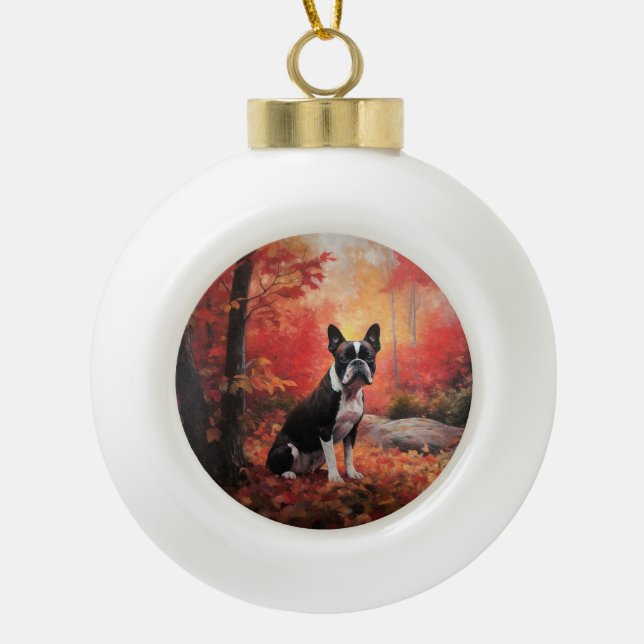 Boston Terrier im Herbst Leaves Fall Inspiriert Keramik Kugel-Ornament (Vorderseite)