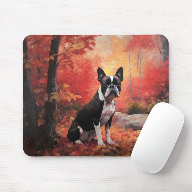 Boston Terrier im Herbst Leaves Fall Inspiriert Mousepad (Mit Mouse)