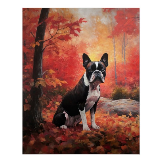 Boston Terrier im Herbst Leaves Fall Inspiriert Poster (Vorderseite)