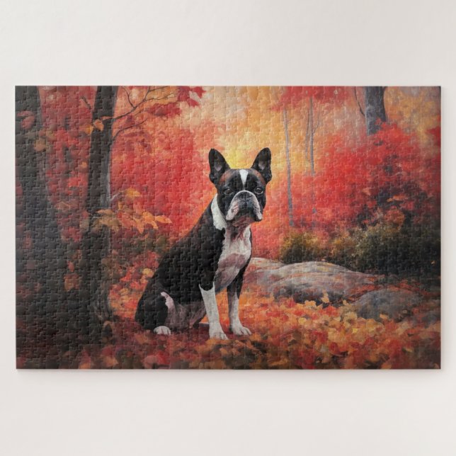 Boston Terrier im Herbst Leaves Fall Inspiriert Puzzle (Horizontal)
