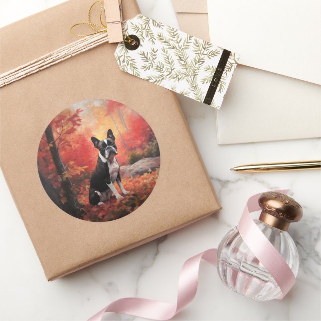 Boston Terrier im Herbst Leaves Fall Inspiriert Runder Aufkleber (Schenken)