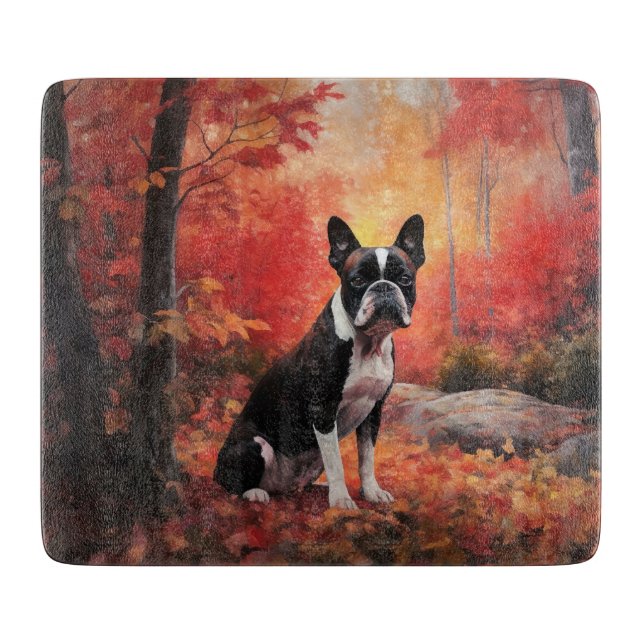 Boston Terrier im Herbst Leaves Fall Inspiriert Schneidebrett (Vorderseite)