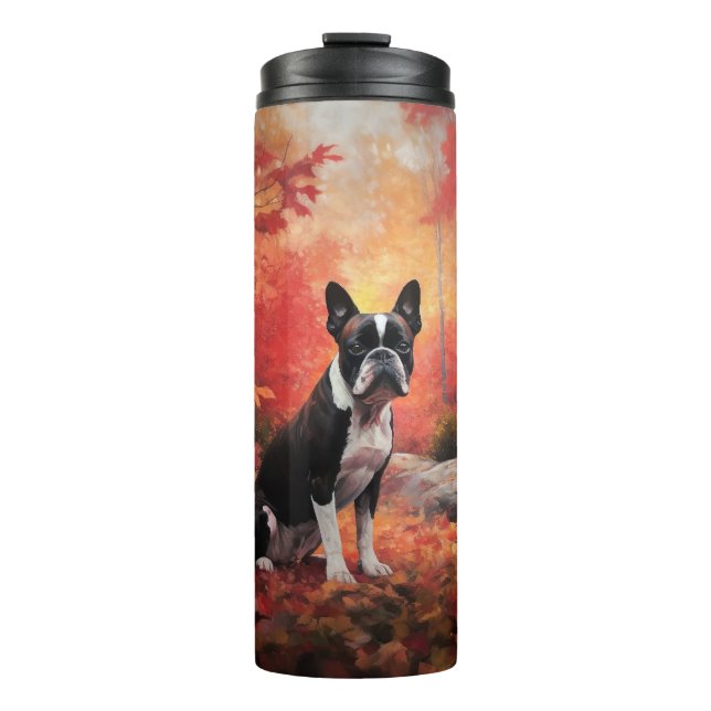 Boston Terrier im Herbst Leaves Fall Inspiriert Thermosbecher (Vorderseite)