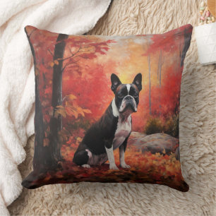 Boston Terrier im Herbstlaubfall inspiriert Kissen