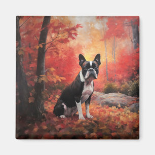 Boston Terrier im Herbstlaubfall inspiriert Magnet