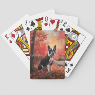 Boston Terrier im Herbstlaubfall inspiriert Spielkarten