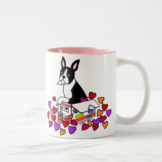 Boston-Terrier im Kasten-Cartoon Zweifarbige Tasse (Rechts)