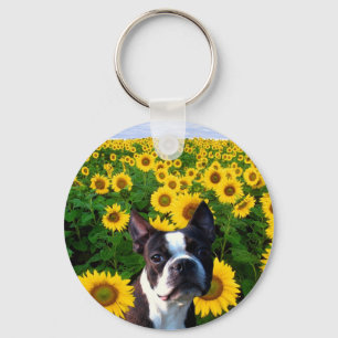 Boston-Terrier im Sonnenblume-Schlüsselanhänger Schlüsselanhänger