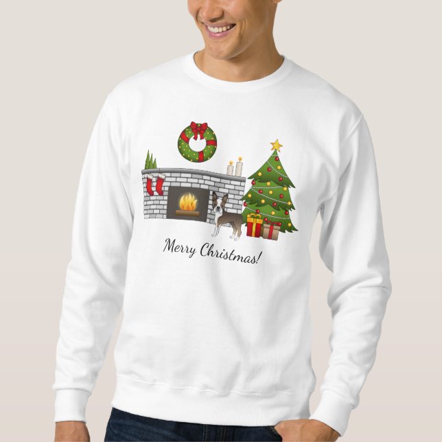 Boston Terrier in einem festlichen Weihnachtsraum Sweatshirt (Vorderseite)