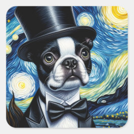 Boston Terrier in einem Tophat Van Gogh Quadratischer Aufkleber