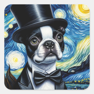 Boston Terrier in einem Tophat Van Gogh Quadratischer Aufkleber