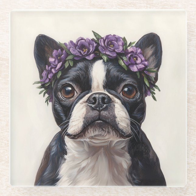 Boston Terrier in einer Lila Blume Glasuntersetzer (Vorderseite)