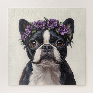 Boston Terrier in einer Lila Blume Puzzle