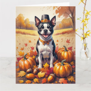 Boston Terrier in Herbstlaub Thanksgiving Kunst Karte