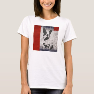 Boston Terrier in Schwarz und Weiß mit roter Grenz T-Shirt