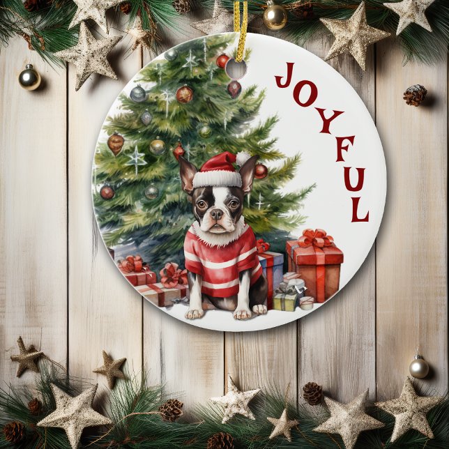 Boston Terrier in Sweater und Hat Christmas Keramik Ornament (Von Creator hochgeladen)